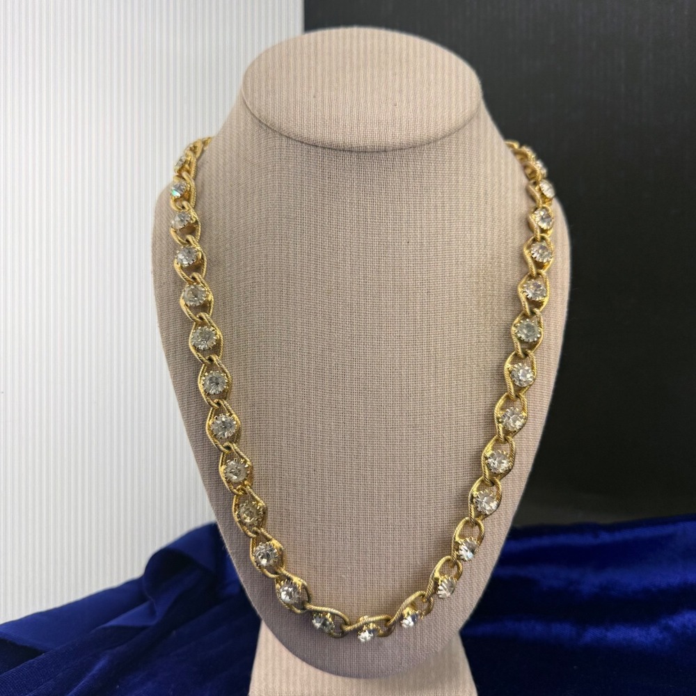 Vintage Estate Necklace Gold Rhinestone Chunky Textured Chain 32in